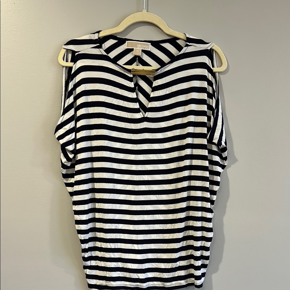Michael Kors Black and White Sleeveless Crew Neck Tunic with Cut Out Features